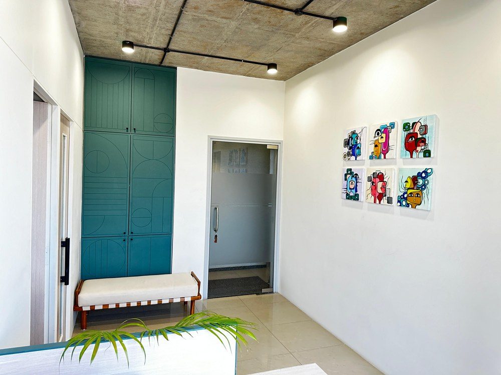 Swayam reception area with artwork and seating